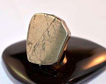 GOLDEN PYRITE Ring- Raw Mineral Ring- Matte silver plate Adjustable Ring- Chakra Stone- Unisex Boho Rocker Ring
