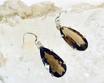 Smoky Quartz Teardrop Earrings: Sterling Silver Zircon Cocktail Earrings - November Birthstone - Classic teardrop shape Gem Earrings