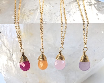 Natural Stone Teardrop Necklace- Gold Wrapped Stone Necklace-Colorful Minerals w. 18K Gold Plate 16-18" chain- Great Gift for Her- BFF Gift!