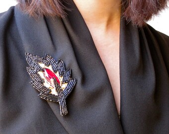 Festive LEAF Brooch / Gold, Red, Black Oversize Brooch/ Sculpted Leaf Brooch/ OOAK Vintage Retro Brooch/ Pauletta Brooks Wearable Art Brooch