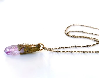 Amethyst Delicate Mineral Necklace sculpted in Gold metallic Resin- Dainty Organic Raw Gem Stone Necklace on Gold Specialty Chain-OOAK Gift!