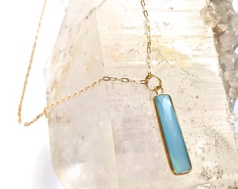 Natural Stone Pendant Necklace- Mineral Necklace- Blue AGATE or Sea Green CHALCEDONY- Rectangle Stone- Gold Vermeil 20&quot; Layering Necklace