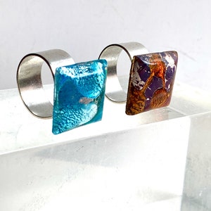 TOPAZ or AQUA Glass Matrix Crystal Ring / Adjustable Unisex Silver Matrix Ring / Vintage Square Cabochon Crackle Glass Magical Costume Ring image 1