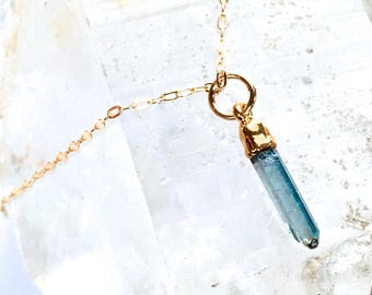 AQUA AURA-Natural Quartz Stone drop Necklace- Single Stone Dangle- Mineral Necklace- Silver or Gold 16&quot; Chakra Crystal, Zen necklace, Gift