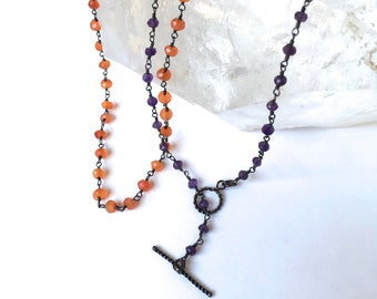 Lariat Necklace with Tiny STONE BEADS / Dainty Choker w. Colorful Beads / Convertible Layering Necklace w. Minerals + Beaded Chain-On SALE!!