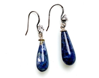 Blue Sodalite Gemstone Statement Earrings with Swarovski Crystal / Blue teardrop Mineral Earrings / Blue + Crystal Cocktail Dangle Earrings