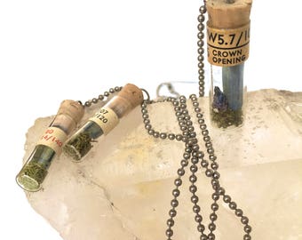 Crystals in Vial Pendant Necklace/ Miniature Vintage Glass Vials with Quartz Crystals, Pyrite, Moss, etc./ Unique Novelty gift/ Nature Gift