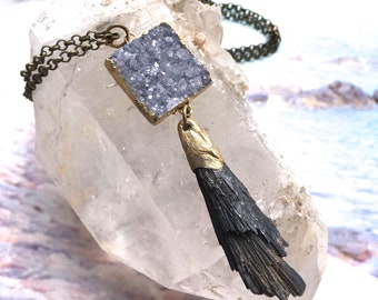 Amethyst Druzy Pendant Necklace: Kyanite Tassel, Raw Crystal, OOAK Art to Wear - Long Mineral Pendant with Amethyst and Kyanite Stones