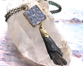 Amethyst Druzy Pendant Necklace with Kyanite Tassel - Long Roughcut, Semiprecious, Sparkly Raw Mineral Crystal Necklace - OOAK Wearable Art