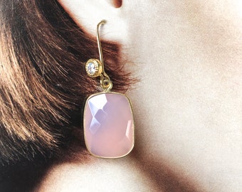 Pink Chalcedony Gemstone Drop Earrings - Mineral Earrings with Swarovski Crystal - Classic Cocktail Earrings- Great Gift for Mother's Day!