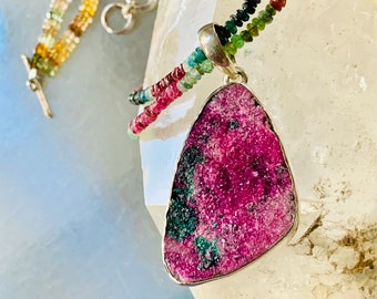 Pink Druzy and Tourmaline Statement Necklace – Cobaltoan Calcite Sterling Silver Pendant on Removable Beaded Strand – Convertible Pendant