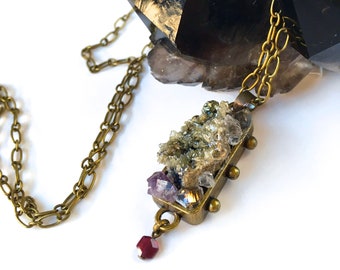 Mimetite Statement Necklace w. Herkimer Diamond, WEARABLE ART Pendant with Garnet Drop, Roughcut Mineral Pendant-Medieval Goth style Jewelry