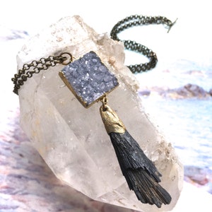 Amethyst Druzy Pendant Necklace with Kyanite Tassel Long Roughcut, Semiprecious, Sparkly Raw Mineral Crystal Necklace OOAK Wearable Art image 1