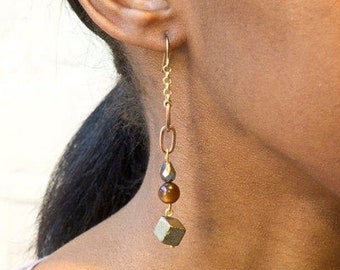 Long Dangle Earrings with Pyrite + Hematite Beads - Copper and Silver Mineral Earrings - Wearable Art Modern Design Pyrite Stone Earrings