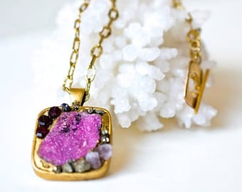 Mixed Minerals Pendant Necklace - Gold, Garnet, Pink Cobaltoan Calcite, Dolomite, Pyrite and Amethyst Pendant - Pauletta Brooks Wearable Art