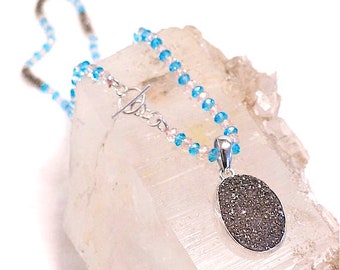 SILVER DRUZY Necklace with Pink + Blue Beads- Sterling Silver Druze Pendant- Sparkling Convertible Necklace- Day to Night Necklace- on Sale!