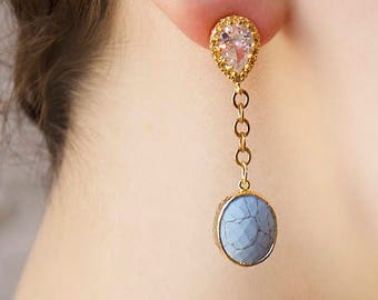 Light Turquoise COCKTAIL EARRINGS- Long Drop Earrings with Swarovski Crystal- Sparkly Statement Earrings Gold + Crystal- December Birthstone