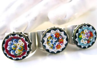 Vintage Italian Mosaic Ring: Millefiori Tesserae, 1920s Handmade Jewelry, Adjustable mosaic Ring- blue, red, or white brass or silver finish