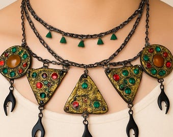 Jugendstil Statement Kette – Gold, schwarze & grüne Jade, Klimt-Stil Choker – Tragbare Kunst von Pauletta Brooks
