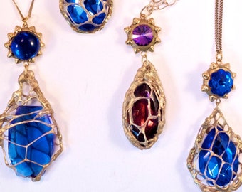 Bright Blue Vintage Crystal 'Mermaidcore' Pendant / Festive Blue + Gold Pendant / Blue GLAM Teardrop shape STATEMENT Necklace/ Holiday Jewel