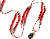 Extra Long Druzy and RED CRYSTAL Beaded Necklace- Delicate Layering Druzy Necklace- Wrap Druze Druzy Necklace - Red Crystal Holiday Necklace