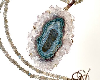 SOLAR QUARTZ Pendant on Smoky Topaz Bead Choker Natural Crystal Mineral Stalactite Pendant in Sterling Silver Raw Mineral Necklace-On Sale