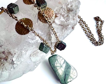 Golden Pyrite Fool's Gold Mineral Pendant with Golden Hammered Disk Charms- Long Chain Pendant Necklace - Pauletta Brooks Wearable Art