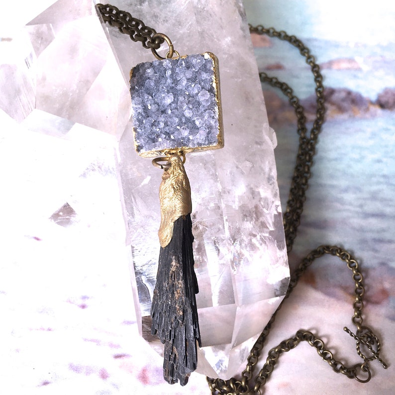 Amethyst Druzy Pendant Necklace with Kyanite Tassel Long Roughcut, Semiprecious, Sparkly Raw Mineral Crystal Necklace OOAK Wearable Art image 3