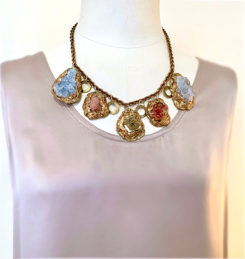 Colorful OOAK Statement Necklace w. Baryte, Olmiite, Vanadinite and CELESTITE in Gold Resin / Multi Gemstone Choker Necklace / Wearable Art image 4