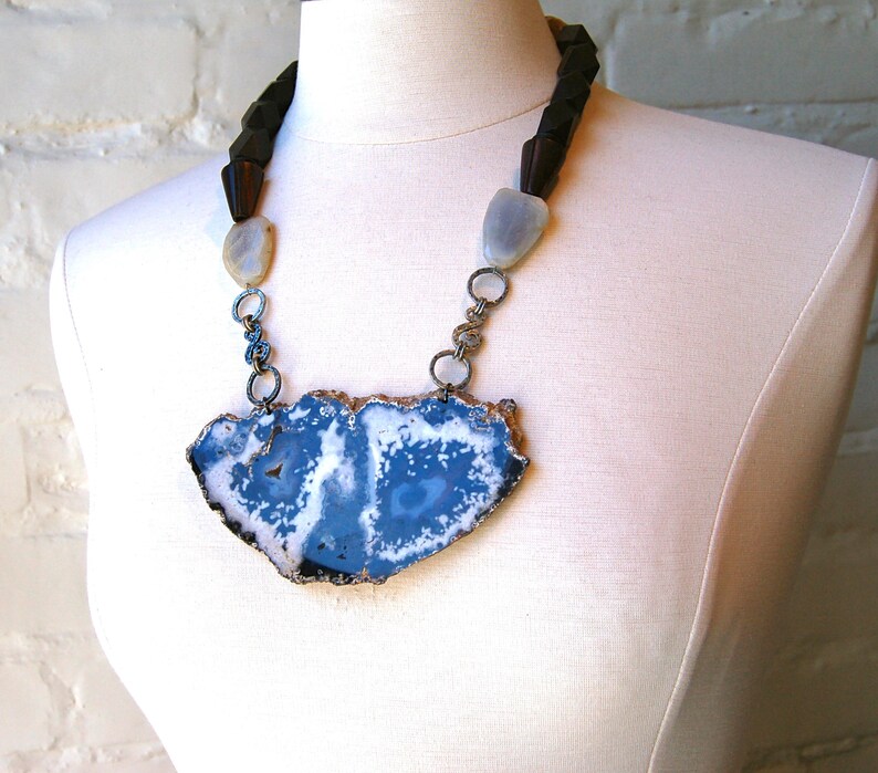 Large Agate Slice with Chalcedony Artistic STATEMENT Necklace Wood and Hand Crafted metal details OOAK Mineral Necklace Gift! Geode