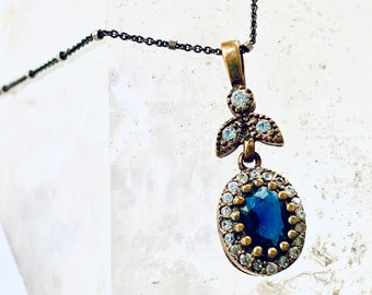 Sapphire Blue Stone Pendant Necklace: Vermeil, Edwardian Style, with Swarovski Crystals, Wearable Art by Pauletta Brooks