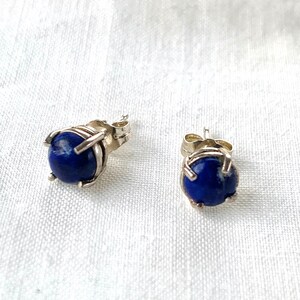 Lapis Lazuli Stud Earrings: Sterling Silver Bezel, December Birthstone - Petite Round Dark Blue Mineral Earrings in Silver
