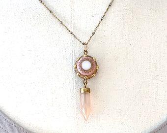 PINK CAMEO and Chalcedony Pendant Necklace- Petite Renaissance Pendant -Edwardian Necklace- Handmade Vintage Style Cameo Necklace- on SALE!