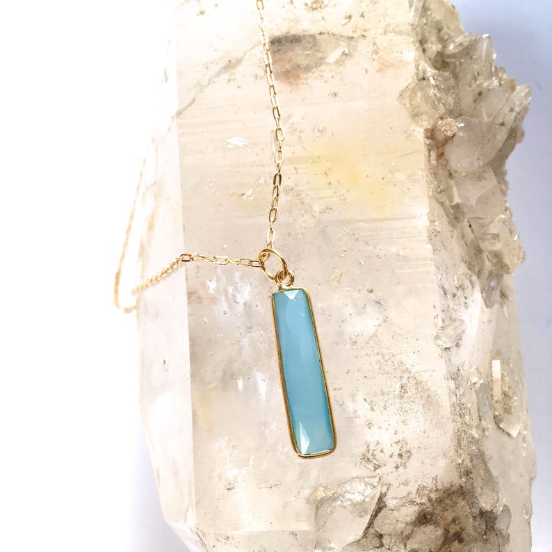 Natural Stone Pendant/Necklace Mineral Necklace Blue AGATE or Sea Green CHALCEDONY Rectangle Stone Gold Vermeil 20 Layering Necklace image 3