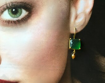 Serpentine Green Mineral Earrings in Gold Vermeil- Square facet cut stone Dangle Earrings with Pearl-Classic Earrings- Elegant Great Gift!!