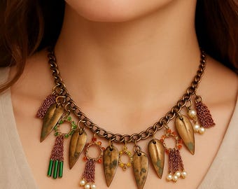 Beaded Hoops Choker Necklace - Charms, Tassels, Vintage Brass Leaf - Boho Statement Choker - Bollywood style Wearable Art by Pauletta Brooks