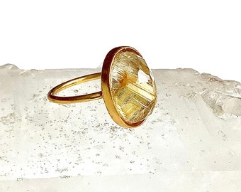 Rutilated Quartz Ring, Faceted Gemstone in Gold Vermeil, Chunky Oval Statement Ring - Mineral Gemstone Ring for Energy and Love  US size 6.5