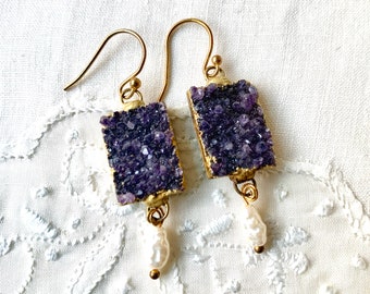 Dark AMETHYST Gemstone DRUZY Rectangle Earrings- Druze Dangle Earrings / Statement Earrings with Seed Pearl Drops / February Birthstone Gift