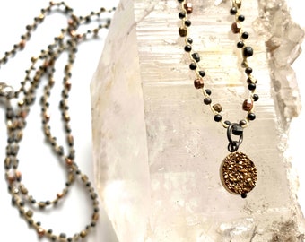 Long Wrap Necklace with Gold Druzy and Smoky Quartz Crystal Beads/ Long Layering Pendant Necklace/ Day to Night Gold Beaded Mineral Necklace