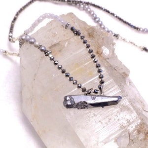 Long ZEN BEADED Wrap Necklace w. Silver Titanium Crystal, Pearl, Silver+White beads- Layering Necklace/Pendant- Crystal Mineral Zen Necklace