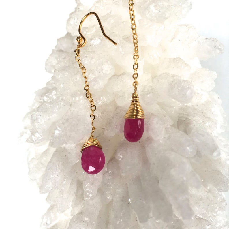 Dangle Beaded Earrings Mineral Earrings Drop Earrings Gold Wire wrapped Stone Bead RUBY JADE Natural Stone /'Teardrop/' Earrings