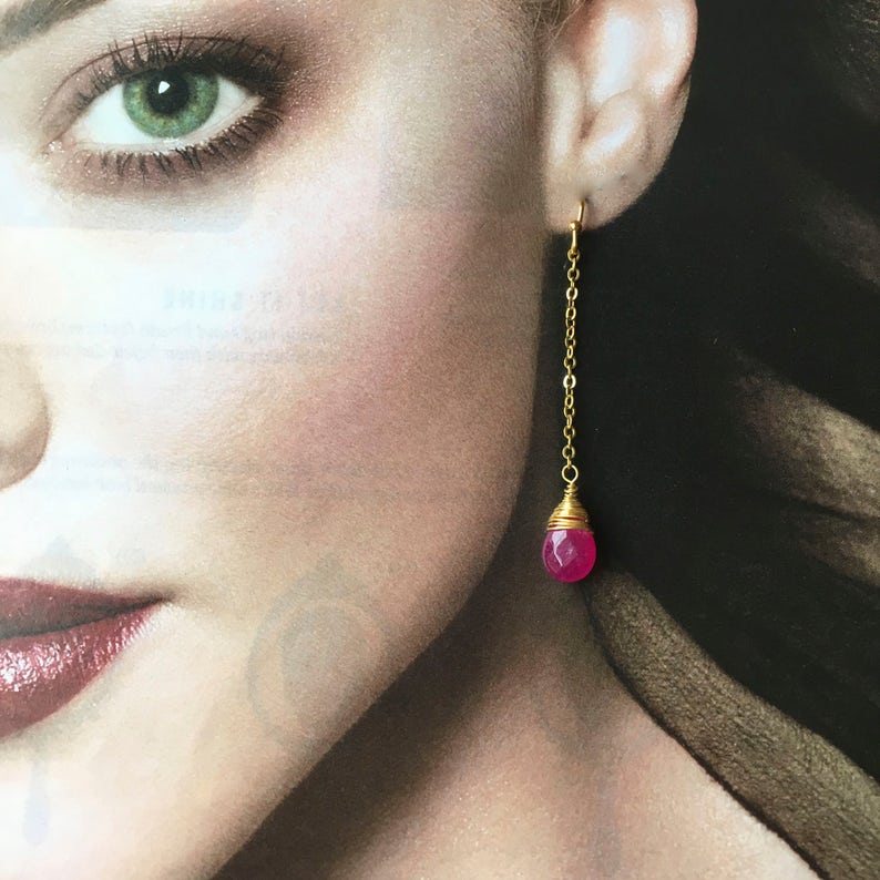 Dangle Beaded Earrings Mineral Earrings Drop Earrings Gold Wire wrapped Stone Bead RUBY JADE Natural Stone /'Teardrop/' Earrings