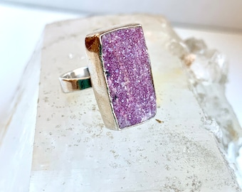 Amethyst Druzy Ring: Sterling Silver Rectangle Statement Ring, USA Size 7. Gemstone Mineral Ring / Sterling Silver Druze Unisex Ring