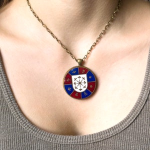 Vintage HERALDIC PENDANT, Red+Blue Medallion Pendant/Royal Family Crest Pendant/Round Medieval Coat of Arms Insignia Pendant/Unisex necklace