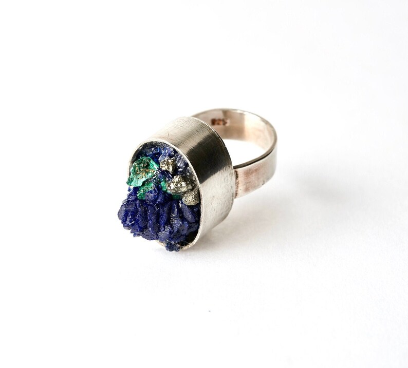 Sterling Silver Statement Ring with Azurite and Malachite Raw Mineral Statement Ring Size 5.5 Unique Unisex Zen Healing RING Now on SALE image 1