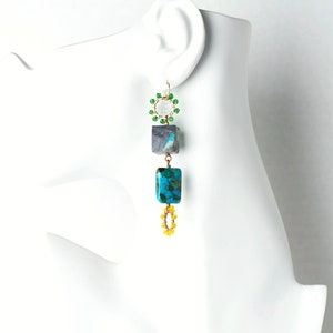 Turquoise Dangle Earrings: Laminated Resin, Shells & Beaded Charms, Colorful Long Boho Earrings, Pauletta Brooks Wearable Art