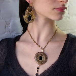 Black Crystal Filigree Choker: Vintage Baroque Necklace - Medieval, Royalty Pendant Necklace, Black Velvet Tie or Vintage Chain