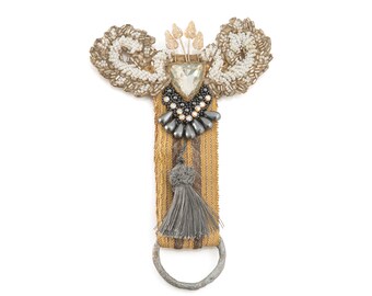 Vintage Statement Brooch: Gold Metallic Ribbon, Crystal, Beaded Trim, Oversized Fantasy Pin, Pauletta Brooks Wearable Art