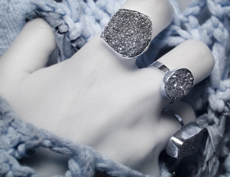 ASTROPHYLLITE DRUZY Ring in Sterling Silver- Raw Mineral Statement Ring-Healing Stone Ring size 5.75 and size 7- Modern, Unisex Mineral Ring