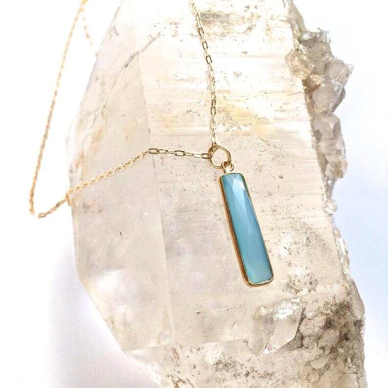 Natural Stone Pendant/Necklace Mineral Necklace Blue AGATE or Sea Green CHALCEDONY Rectangle Stone Gold Vermeil 20 Layering Necklace image 1